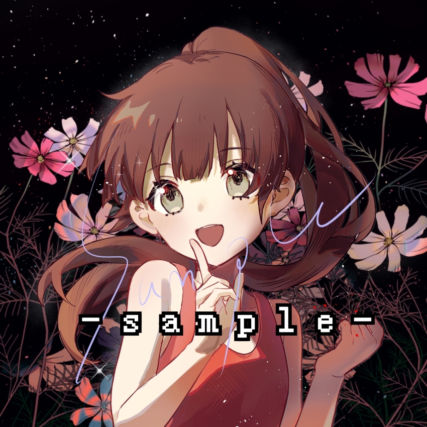 1girl bare_arms bare_shoulders black_background blunt_bangs brown_hair check_copyright clenched_hand commission copyright_request dress eyelashes finger_to_mouth floating_hair floral_background flower grey_eyes happy highres kitakawayui light_blush light_particles long_hair open_mouth original pink_flower ponytail red_dress sample_watermark sleeveless sleeveless_dress smile solo tareme teeth upper_body upper_teeth_only very_long_hair watermark white_flower