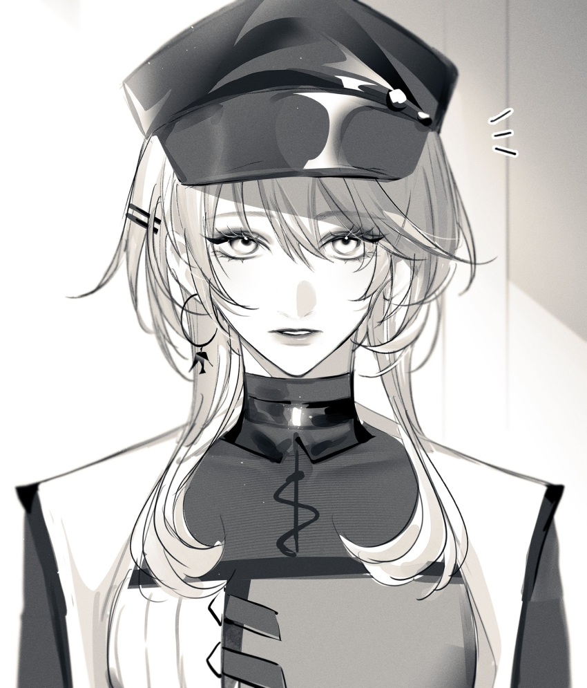1girl against_wall belt_buckle belt_collar buckle collar collared_jacket covered_collarbone detached_collar earrings expressionless eyelashes greyscale hair_between_eyes hair_ornament hairclip hat high_collar highres hoop_earrings indoors jacket jewelry lapels layered_shirt lipstick long_sleeves looking_at_viewer makeup military_hat military_uniform monochrome nightingale_(path_to_nowhere) notice_lines open_clothes open_jacket parted_lips path_to_nowhere peaked_cap peaked_lapels short_hair_with_long_locks sidelocks single_earring solo toho10min two-sided_fabric two-sided_jacket upper_body