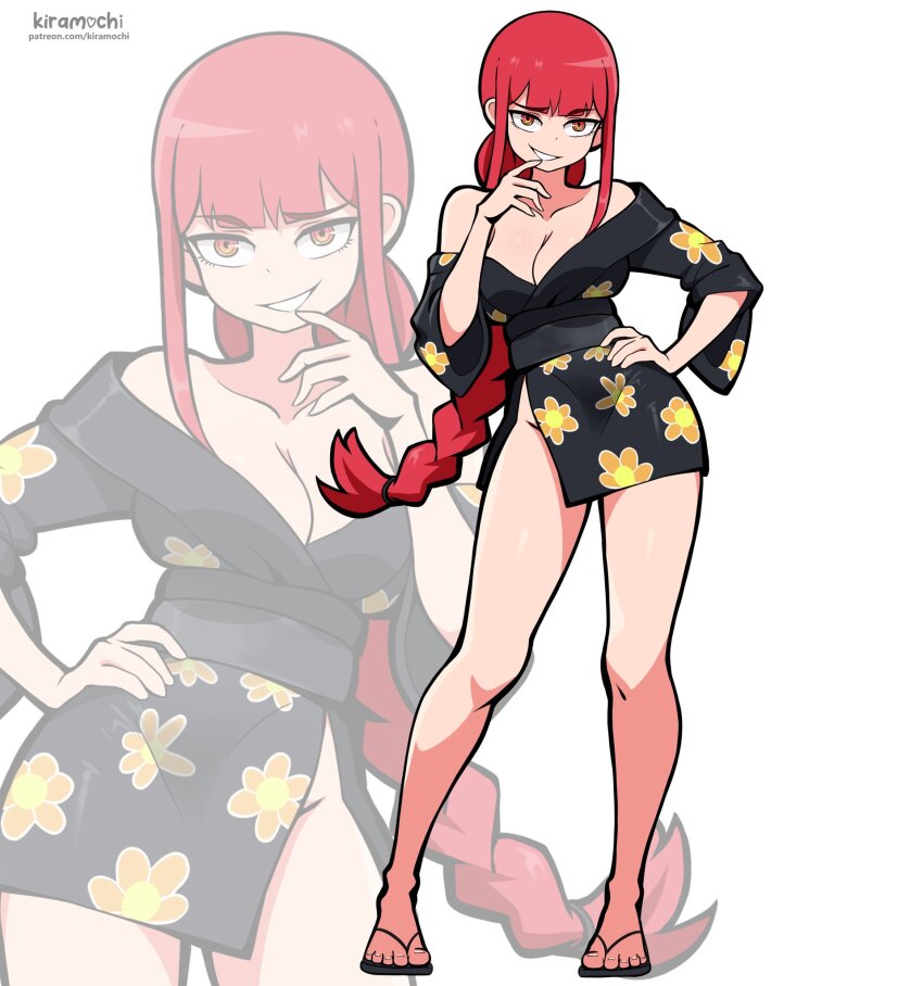 1girl braid braided_ponytail chainsaw_man full_body grin highres japanese_clothes kimono kiramochi long_hair looking_at_viewer makima_(chainsaw_man) red_hair sandals single_braid smile solo standing toenails toes unusual_pupils yellow_eyes