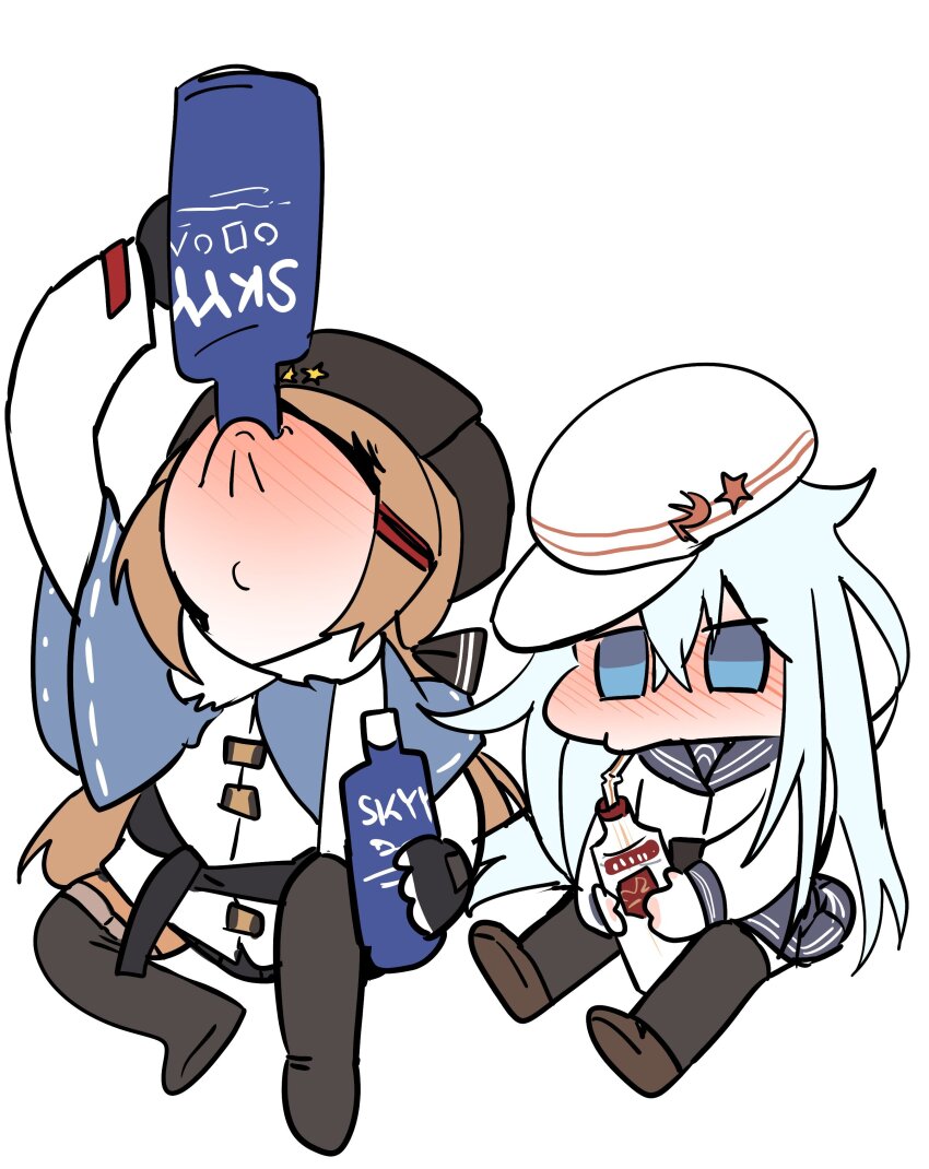 2girls absurdres alcohol black_boots black_sailor_collar black_skirt black_thighhighs blue_eyes blue_shawl blush boots bottle brown_hair drunk enneh fur_hat hammer_and_sickle hat hibiki_(kancolle) highres jacket kantai_collection low_twintails multiple_girls nose_blush papakha pleated_skirt russian_clothes sailor_collar sailor_shirt scarf school_uniform serafuku shawl shirt simple_background skirt tashkent_(kancolle) thigh_boots thighhighs torn_clothes torn_scarf twintails verniy_(kancolle) vodka white_background white_hat white_jacket white_scarf white_shirt