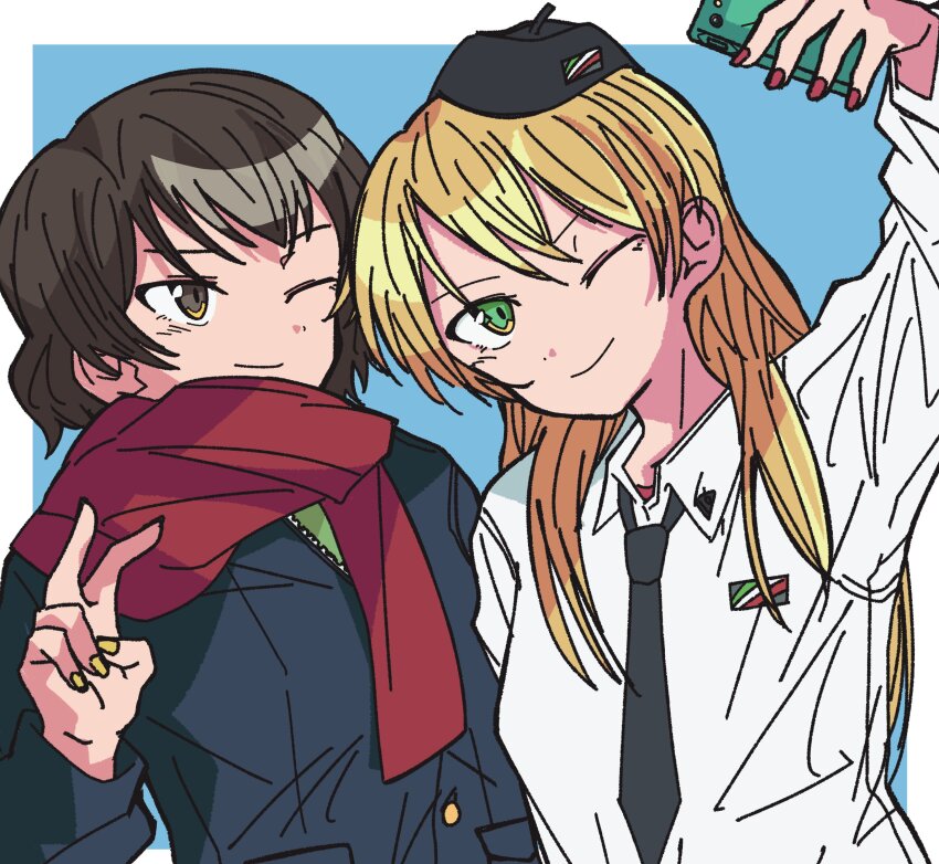 2girls absurdres alternate_costume anzio_(emblem) anzio_school_uniform black_necktie blonde_hair blue_background border brown_hair caesar_(girls_und_panzer) carpaccio_(girls_und_panzer) desuwadesun0 dress_shirt emblem garrison_cap girls_und_panzer green_eyes green_shirt hat highres long_hair multiple_girls nail_polish necktie one_eye_closed ooarai_military_uniform red_nails red_scarf red_shirt scarf school_uniform selfie shirt short_hair simple_background smile tilted_headwear undershirt v white_border white_shirt yellow_nails