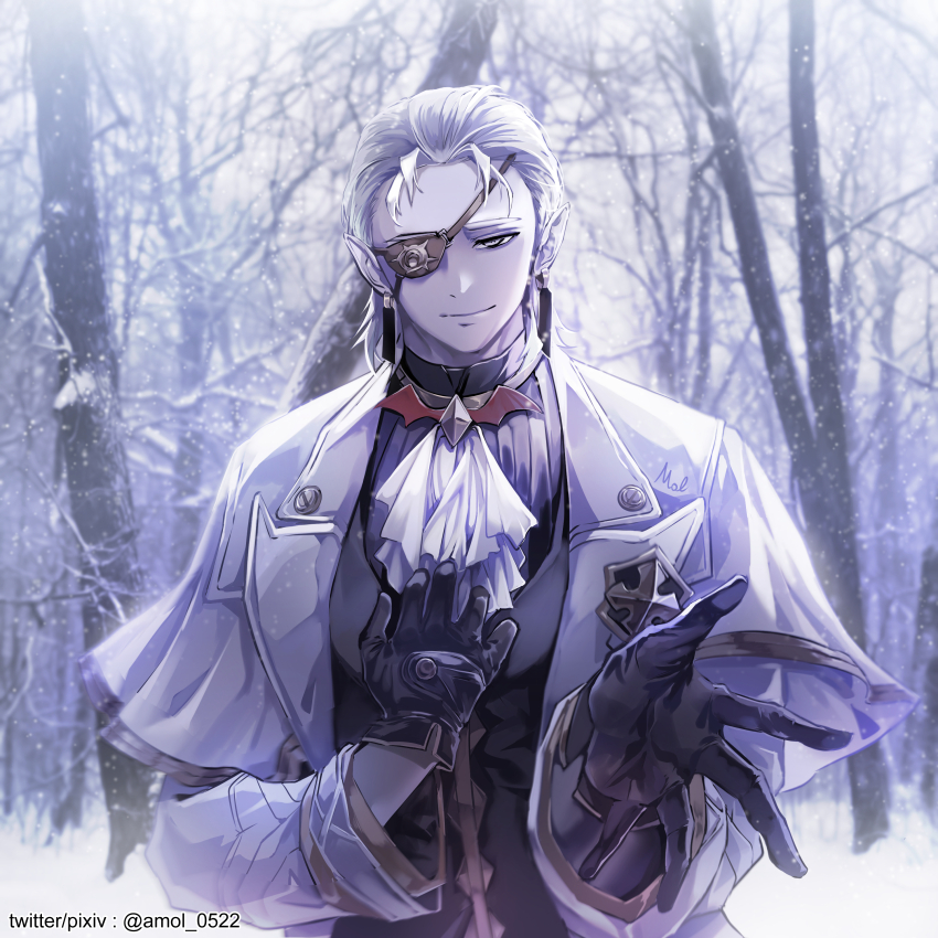 1boy absurdres alchemy_stars amol_0522 ascot black_gloves black_vest eyepatch gloves grey_eyes highres jacket looking_at_viewer male_focus nails_(alchemy_stars) outdoors photo_background pixiv_username pointy_ears short_hair snowing solo twitter_username upper_body vest white_ascot white_hair white_jacket winter