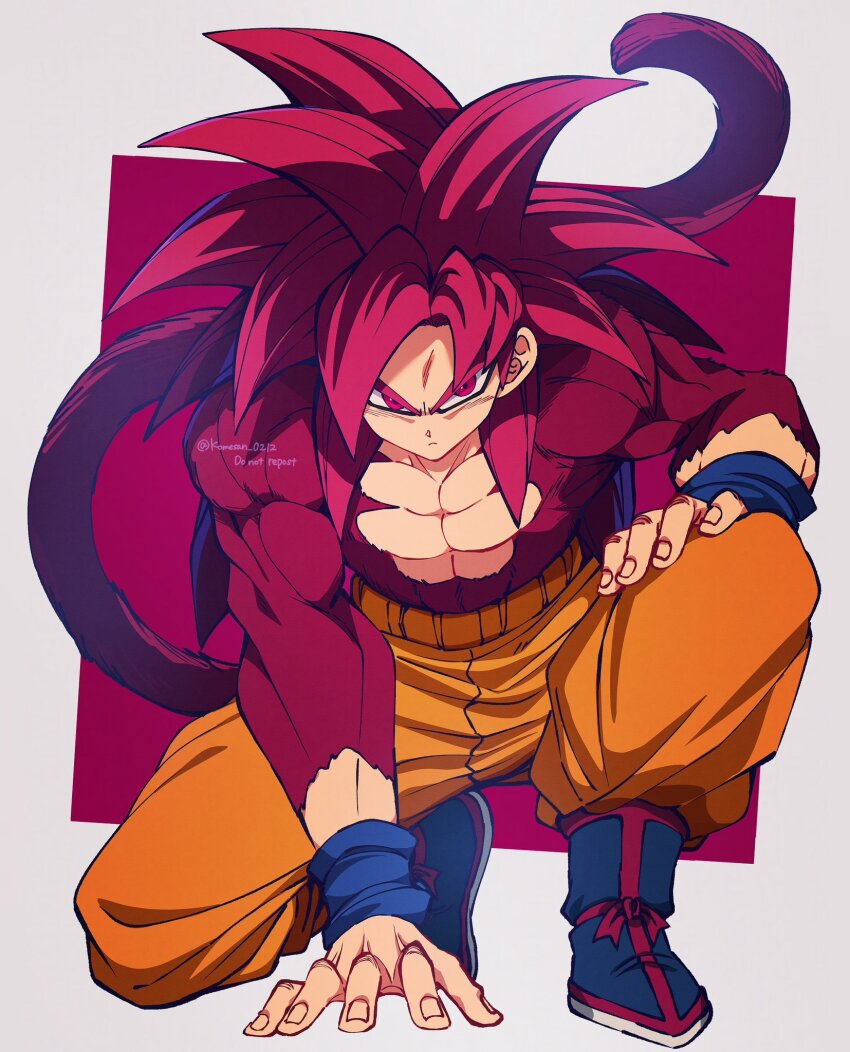 1boy baggy_pants biceps big_hair blue_boots boots border dragon_ball dragon_ball_daima frown full_body hand_on_own_knee hand_rest highres komesan_0212 light_frown looking_at_viewer male_focus monkey_boy monkey_tail muscular muscular_male no_nipples on_one_knee orange_pants pants red_background red_eyes red_fur red_hair serious solo son_goku spiked_hair super_saiyan super_saiyan_4 tail twitter_username v-shaped_eyebrows watermark white_border wristband