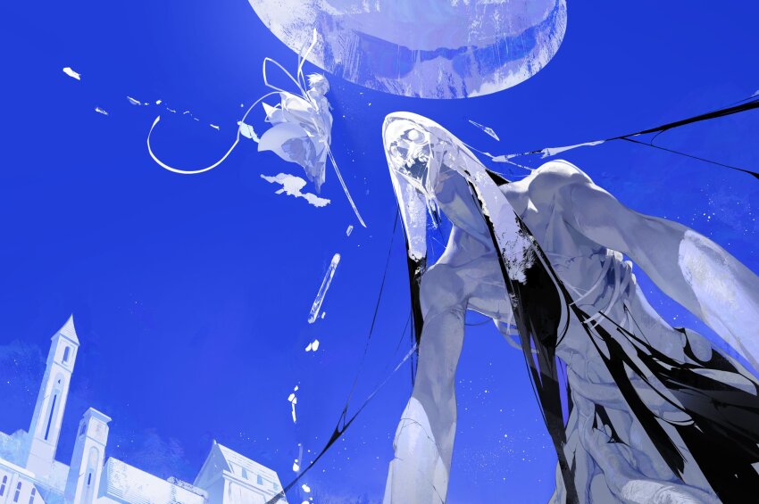 1boy 1girl as_nodt black_hair bleach bleach:_sennen_kessen-hen building chinese_commentary colored_skin crystal_sword floating frozen giant giant_male hakka_no_togame_(bankai) highres holding holding_sword holding_weapon ice japanese_clothes katana kimono kuchiki_rukia long_hair looking_at_another sash snowing sword tobu_(bilibil) very_long_hair weapon white_hair white_kimono white_sash white_skin zanpakutou