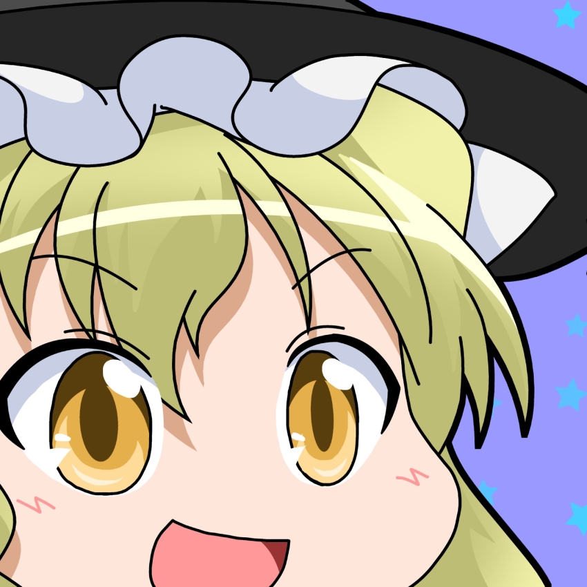 1girl black_hat blonde_hair close-up commentary_request hat highres kirisame_marisa mikazuki_neko open_mouth purple_background smile solo star_(symbol) touhou yellow_eyes