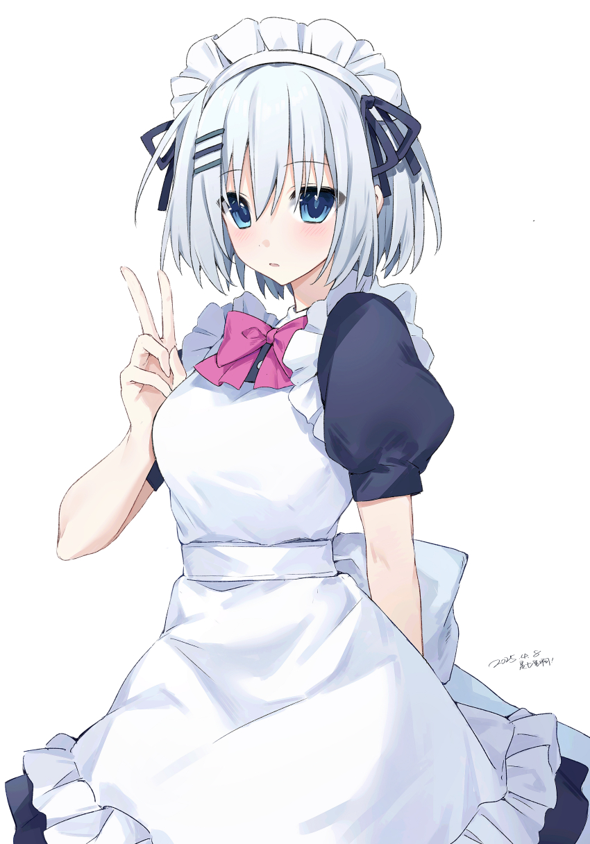 1girl absurdres blue_eyes bow bowtie breasts date_a_live hair_between_eyes hair_ornament hairclip highres looking_at_viewer maid maid_headdress medium_breasts open_mouth pink_bow pink_bowtie puffy_short_sleeves puffy_sleeves shiqila short_hair short_sleeves solo tobiichi_origami v white_background white_hair