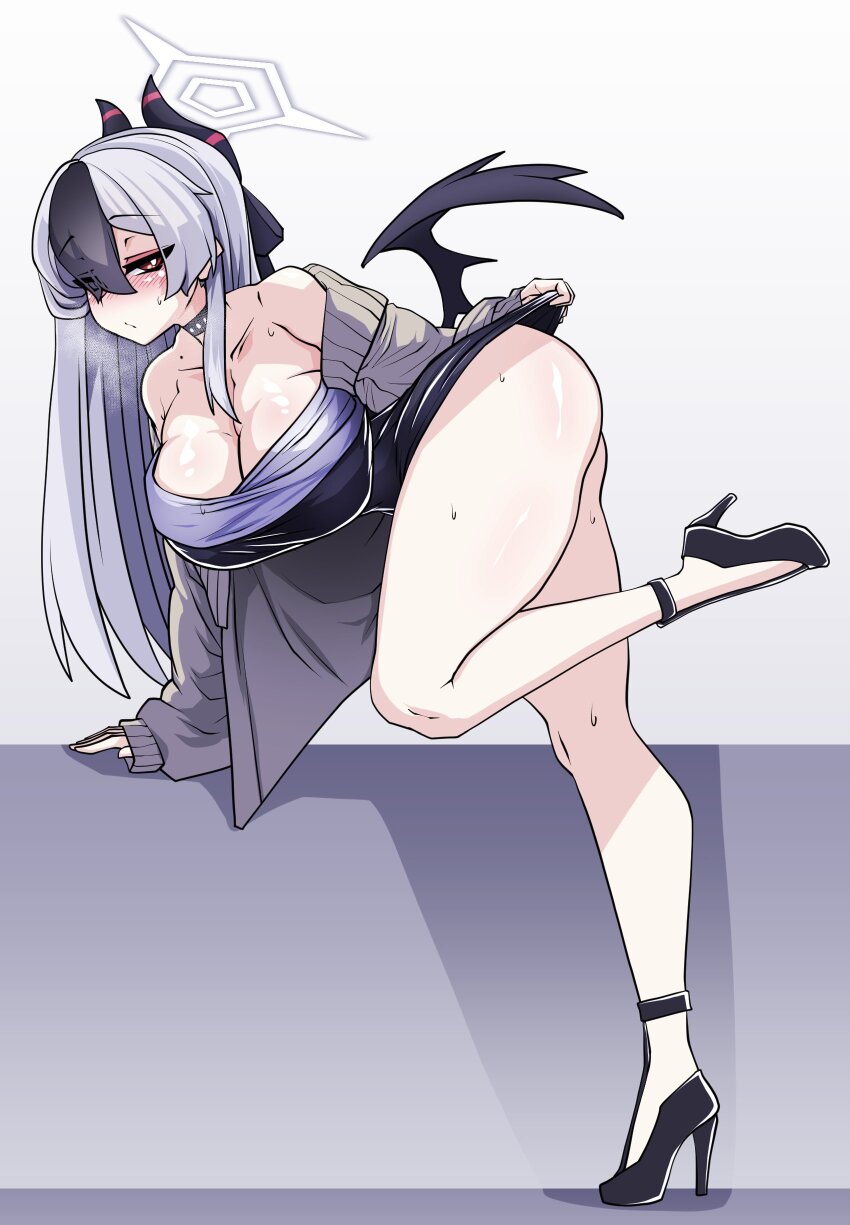 1girl absurdres alternate_breast_size ass black_choker black_dress black_hair black_horns blue_archive breasts choker clothes_lift collarbone demon_horns diamond_necklace dress grey_halo halo high_heels highres horns kayoko_(blue_archive) kayoko_(dress)_(blue_archive) large_breasts lazy_ant leg_up long_hair mole mole_on_collarbone mole_on_neck multicolored_hair official_alternate_costume red_eyes single_wing skirt skirt_lift solo studded_choker wings