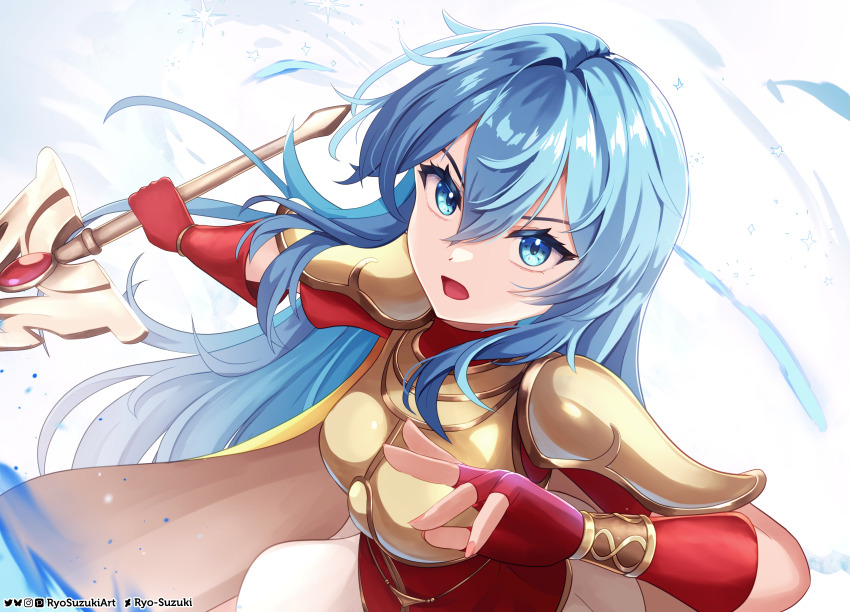 1girl absurdres aqua_hair armor blue_eyes blue_hair breastplate breasts cape eirika_(fire_emblem) fingerless_gloves fire_emblem fire_emblem:_the_sacred_stones gloves highres holding jewelry long_hair looking_at_viewer nintendo open_mouth pauldrons red_gloves ryo-suzuki shoulder_armor solo white_background yellow_cape