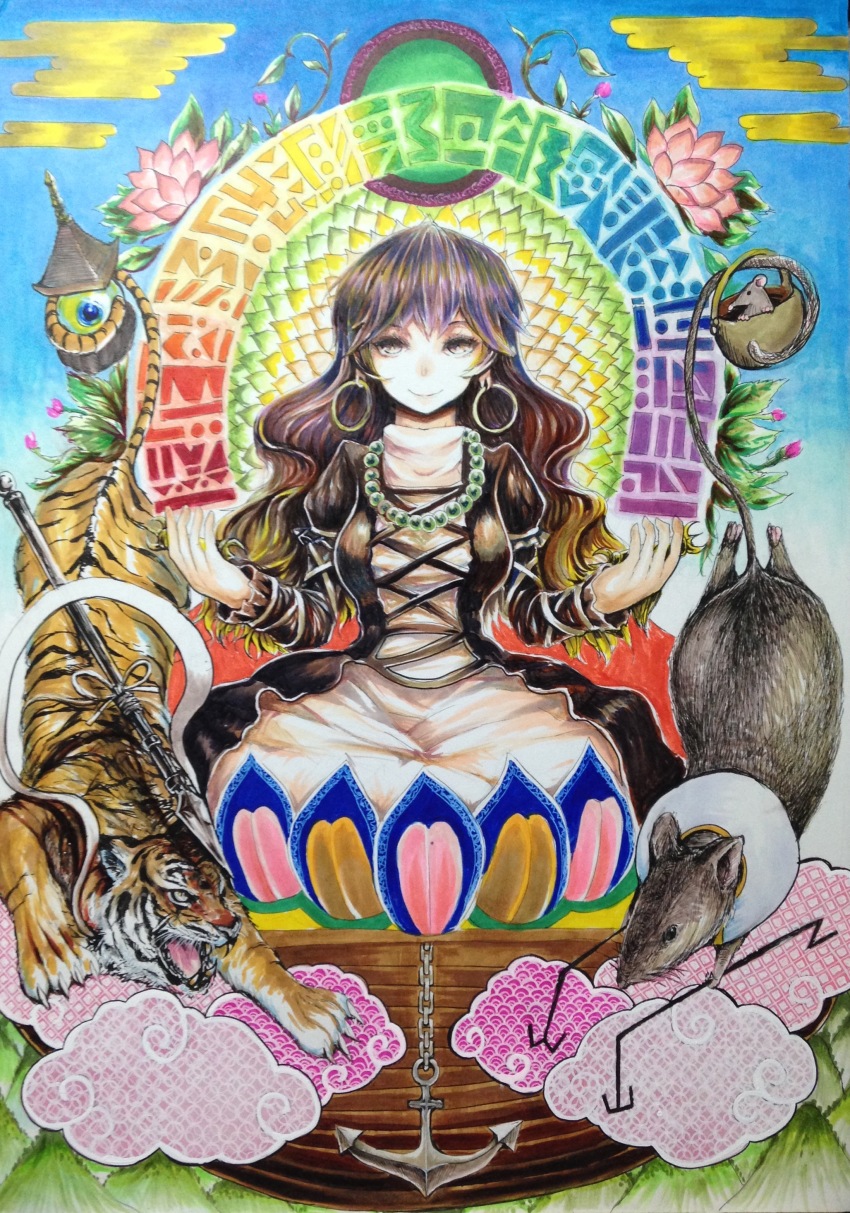 1girl absurdres anchor animal basket bead_necklace beads bishamonten&#039;s_pagoda brown_eyes brown_hair capelet cloud dowsing_rod earrings flower gradient_hair highres hijiri_byakuren holding holding_with_tail hoop_earrings indian_style jewelry jonasan_(bad-t) juliet_sleeves long_hair long_sleeves looking_at_viewer lotus marker_(medium) millipen_(medium) mouse_(animal) multicolored_hair nazrin nazrin_(mouse) necklace pen_(medium) pink_flower prehensile_tail puffy_sleeves purple_hair shawl sitting smile sorcerer&#039;s_sutra_scroll tail tiger toramaru_shou toramaru_shou_(tiger) touhou traditional_media turtleneck