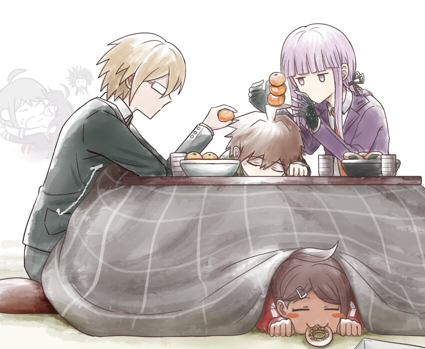 3boys 4girls ahoge asahina_aoi brown_hair closed_eyes danganronpa:_trigger_happy_havoc danganronpa_(series) danganronpa_another_episode:_ultra_despair_girls donut food food_in_mouth fruit fukawa_toko glasses hagakure_yasuhiro highres kirigiri_kyoko kiss kmnm_1403 kotatsu long_hair long_sleeves mandarin_orange multiple_boys multiple_girls naegi_komaru naegi_makoto school_uniform short_hair stacking table togami_byakuya under_kotatsu under_table yuri