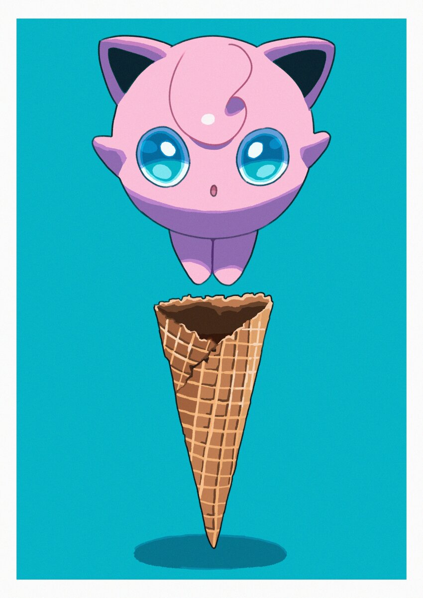 :o absurdres blue_eyes full_body gen_1_pokemon highres ice_cream_cone jigglypuff nintendo no_humans open_mouth pink_hair pokemon pokemon_(creature) saiku_(zvlku) shadow solo