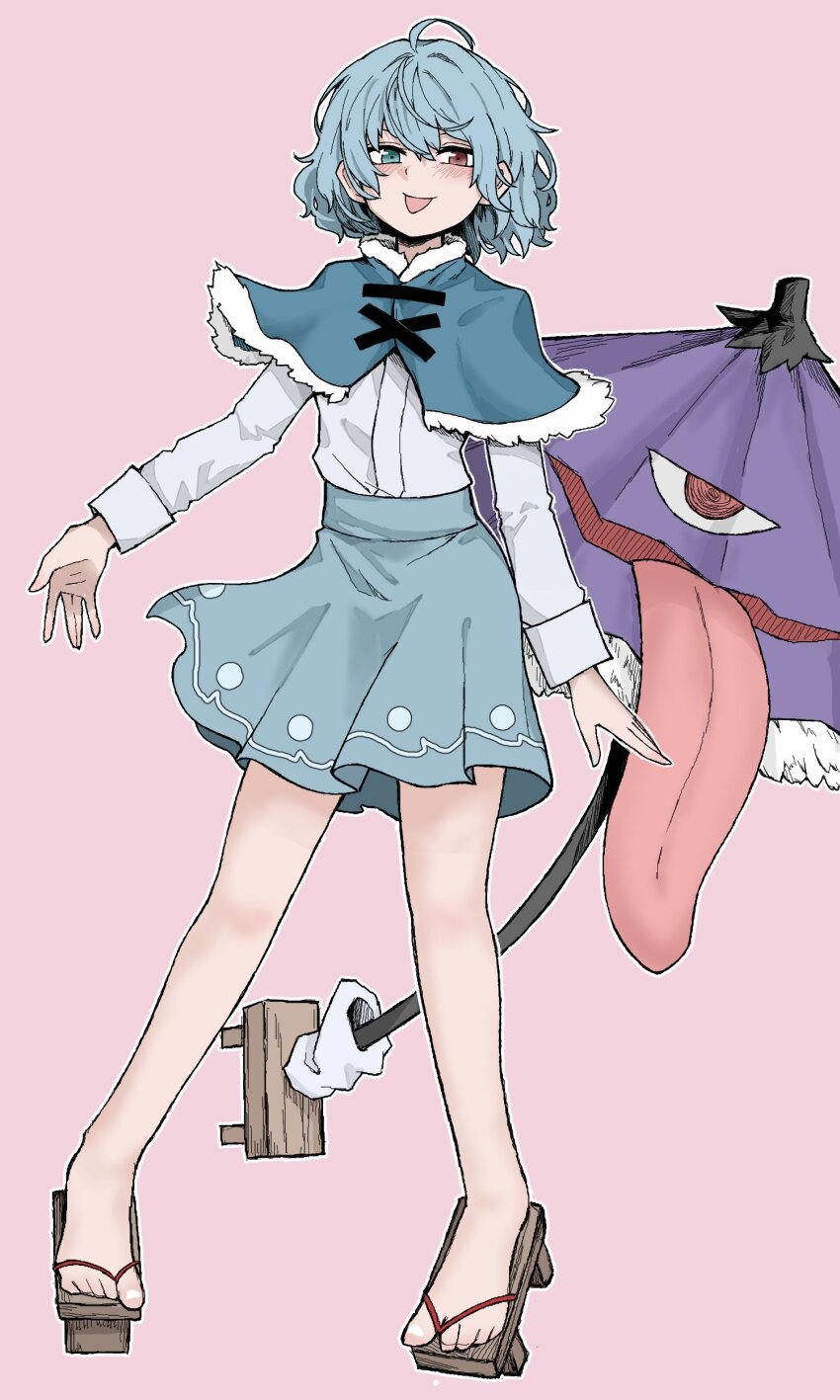 1girl absurdres ahoge blue_capelet blue_eyes blue_hair blue_skirt brown_footwear capelet cross-laced_clothes fe_(tetsu) full_body geta heterochromia highres karakasa_obake looking_at_viewer pink_background purple_umbrella red_eyes shirt short_hair simple_background skirt solo tatara_kogasa tongue tongue_out touhou umbrella white_shirt wild_and_horned_hermit