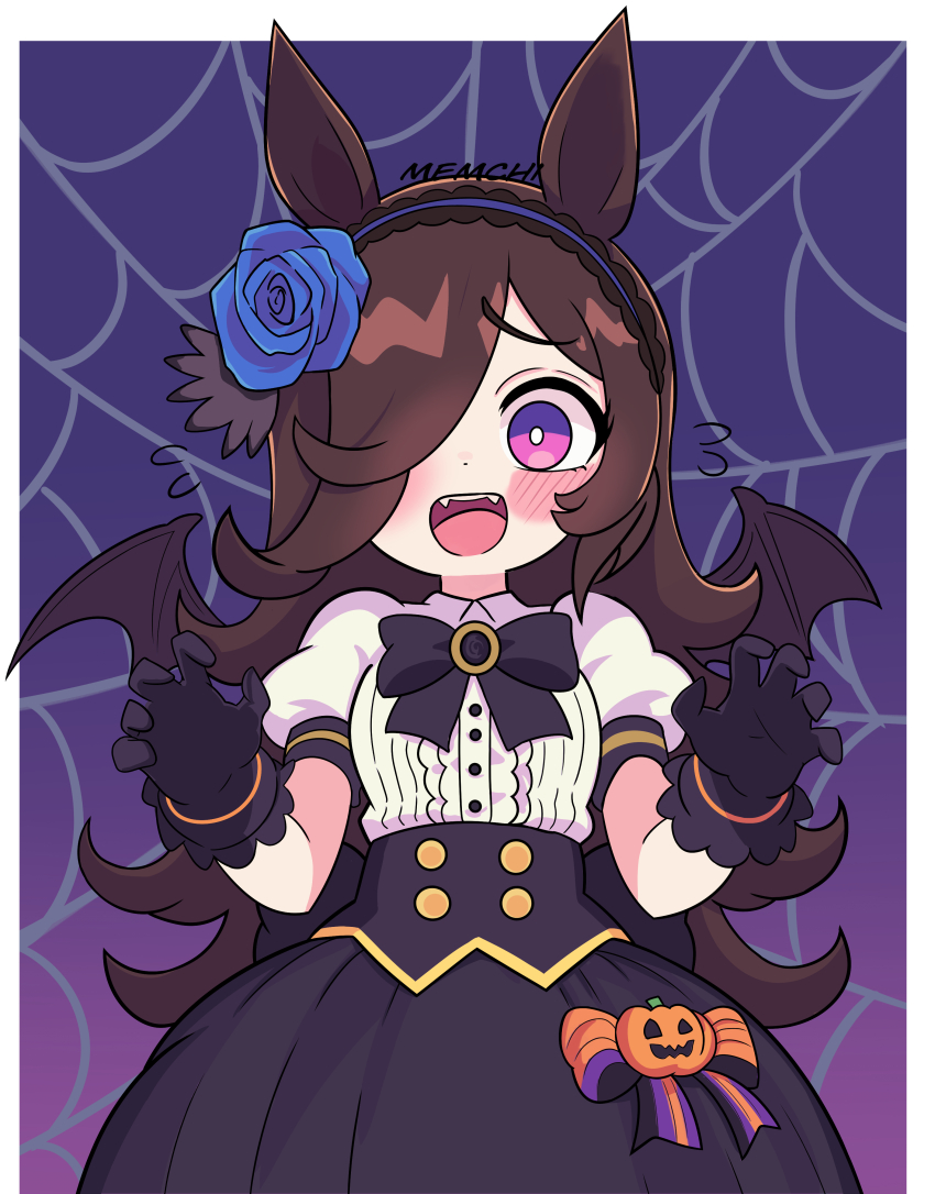 1girl absurdres animal_ears blue_flower blue_rose blush brown_hair dress flipped_hair flower hair_over_one_eye halloween hat hat_flower highres horse_ears horse_girl horse_tail jack-o&#039;-lantern_ornament long_hair looking_at_viewer mem_chi open_mouth purple_eyes rice_shower_(make_up_vampire!)_(umamusume) rice_shower_(umamusume) rose smile solo tail tilted_headwear umamusume