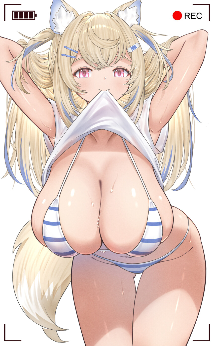1girl absurdres animal_ears arms_up bandaid bandaid_hair_ornament battery_indicator bent_over bikini blonde_hair blue_bikini blue_hair blush breasts cleavage closed_mouth clothes_lift collarbone colored_inner_animal_ears commentary dog_ears dog_girl dog_tail english_commentary fuwawa_abyssgard groin hair_ornament highres hololive hololive_english honkivampy huge_breasts lifting_own_clothes long_hair looking_at_viewer mouth_hold multicolored_hair navel pink_eyes recording shirt shirt_lift simple_background smile solo stomach streaked_hair striped_bikini striped_clothes sweat swimsuit tail thighs two-tone_hair viewfinder virtual_youtuber white_background white_bikini white_shirt