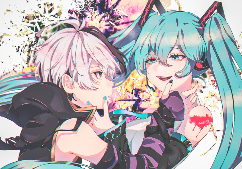 2girls androgynous aqua_eyes aqua_hair aqua_nails aqua_necktie arm_warmers bare_shoulders black_sleeves commentary detached_sleeves flower_(vocaloid) flower_(vocaloid4) furrowed_brow hair_ornament half-closed_eyes hand_on_another&#039;s_face hatsune_miku headphones headset jacket kazuse616 long_hair looking_at_another multicolored_hair multiple_girls nail_polish necktie purple_eyes purple_hair purple_jacket purple_nails shirt short_hair shoulder_tattoo sleeveless sleeveless_jacket sleeveless_shirt smile streaked_hair striped_arm_warmers tattoo twintails upper_body very_long_hair vocaloid white_hair white_shirt
