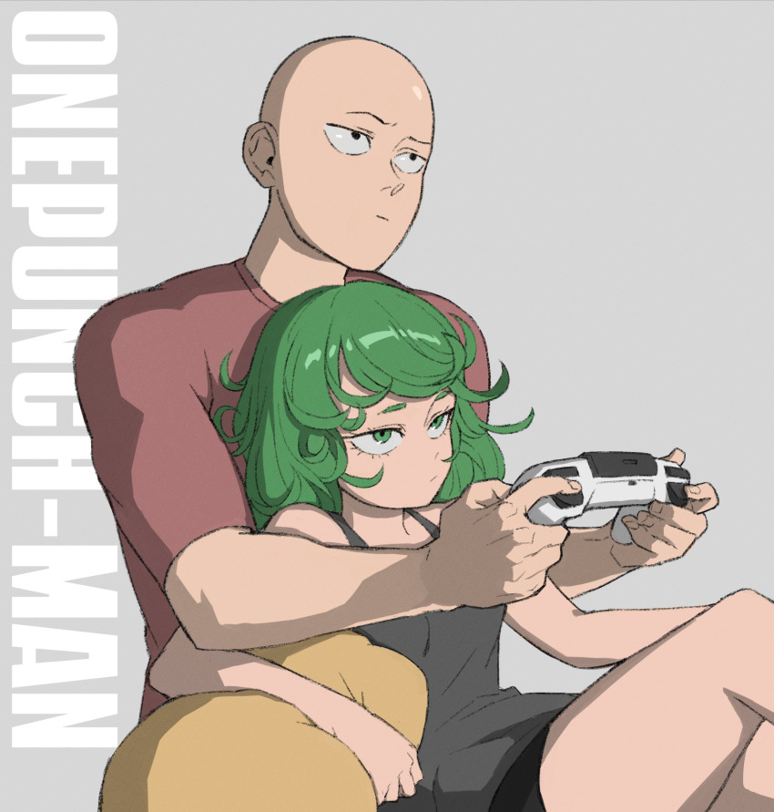 1boy 1girl artist_name bald bare_shoulders black_shirt black_shorts breasts closed_mouth controller green_eyes green_hair grey_background highres holding holding_controller holding_pillow knees_up medium_hair mogglebear one-punch_man pillow playing_games red_shirt saitama_(one-punch_man) shirt short_sleeves shorts sitting small_breasts tatsumaki