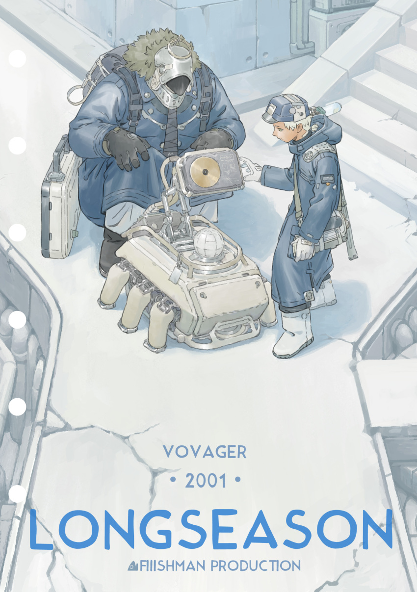 2001 2boys absurdres artist_name black_boots black_gloves black_necktie blue_coat blue_hat boots briefcase chenrong96 coat collared_coat english_text fake_halo gloves grey_bag grey_boots grey_gloves grey_hair halo hat highres hood hood_down long_sleeves male_focus multiple_boys necktie original ponytail revision short_hair short_ponytail squatting standing voyager_golden_record