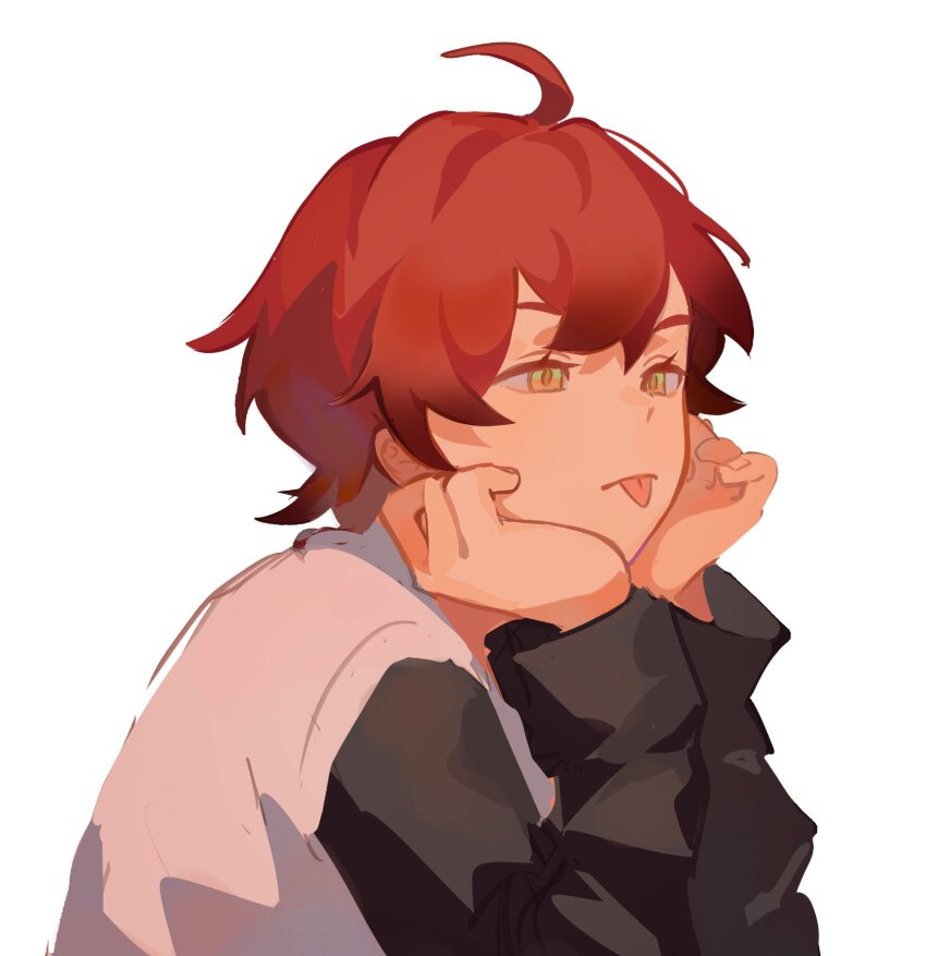 1boy ahoge annoyed bishounen commentary english_commentary eyelashes from_side hair_between_eyes half-closed_eyes hands_on_own_cheeks hands_on_own_face highres holostars holostars_english machina_x_flayon machina_x_flayon_(2nd_costume) male_focus mararu official_alternate_costume orange_eyes red_hair short_hair simple_background solo sweater_vest tongue tongue_out upper_body virtual_youtuber white_background