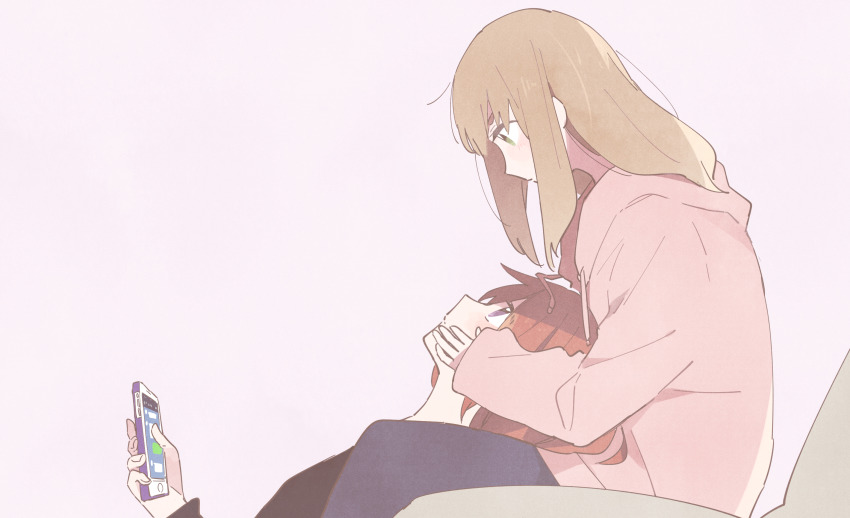 2girls blonde_hair blush brown_hair casual cellphone cetacea_kw eye_contact green_eyes hands_on_another&#039;s_cheeks hands_on_another&#039;s_face hibike!_euphonium highres holding holding_phone hood hoodie hug hug_from_behind long_hair long_sleeves looking_at_another looking_down looking_up multiple_girls nakagawa_natsuki no_hair_bow phone pink_background pink_hoodie profile purple_eyes sitting sleeves_past_wrists smartphone yoshikawa_yuuko yuri