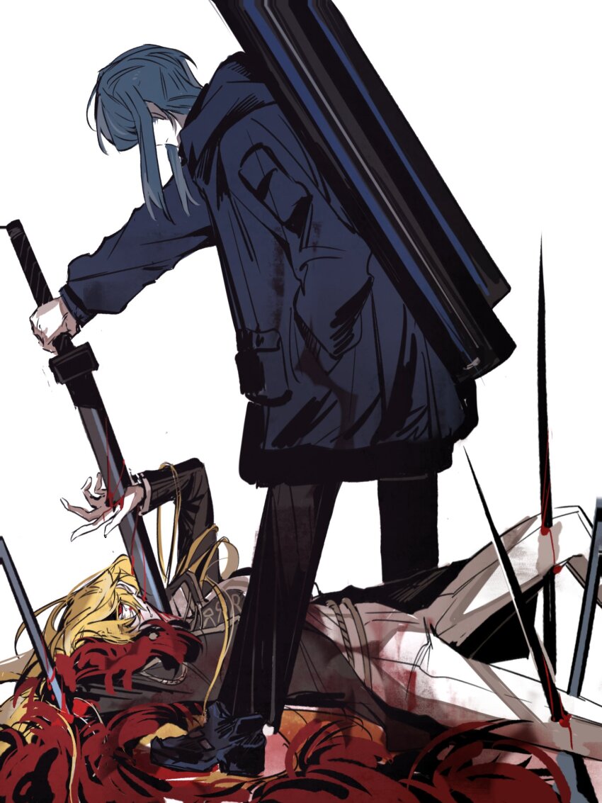 2girls bari_(project_moon) belt black_pants black_shoes blonde_hair blue_hair blue_jacket brown_coat cape coat don_quixote_(project_moon) full_body hand_up highres holding holding_sword holding_weapon jacket limbus_company long_hair long_sleeves looking_at_viewer multiple_girls pants project_moon red_cape red_eyes sancho_(project_moon) shoes short_hair stab sword v9sk51z6jxquzom very_long_hair weapon white_jacket white_pants