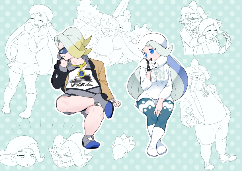 1boy 1girl absurdres black-framed_eyewear blue-tinted_eyewear blue_eyes boots brown_jacket coalossal collared_shirt commentary_request crossed_legs gen_1_pokemon gen_8_pokemon gloves gordie_(pokemon) gym_leader hat highres jacket jewelry knees lapras long_hair looking_at_another melony_(pokemon) mira_(miramita8727) mother_and_son multicolored_hair multiple_views necklace nintendo pantyhose pantyhose_under_shorts partially_colored pokemon pokemon_(creature) pokemon_swsh ring scarf shirt shoes shorts single_glove snom streaked_hair sunglasses sweater tinted_eyewear two-tone_hair white_footwear white_headwear white_scarf white_sweater