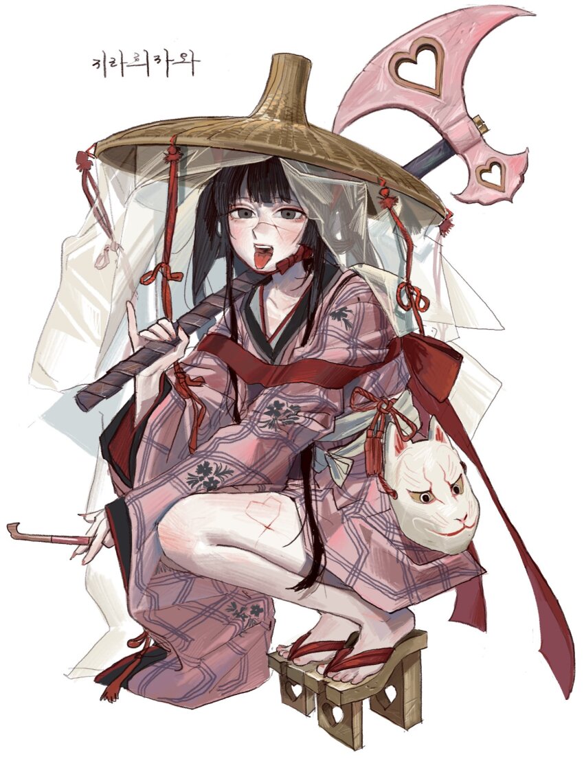 1girl axe battle_axe belt between_fingers black_hair blush brown_hat brown_shoes claws floral_print fox_mask full_body grey_eyes hand_up hat highres holding holding_smoking_pipe holding_weapon japanese_clothes jingasa kimono long_hair long_sleeves looking_at_viewer mask min_do-sik nail_polish open_mouth original pink_kimono pink_nails plaid_clothes plaid_kimono platform_clogs red_ribbon ribbon scar scar_on_face scar_on_leg shoes sidelocks simple_background smoking_pipe solo squatting tassel teeth toenail_polish toenails tongue tongue_out veil weapon white_background white_belt white_veil wide_sleeves
