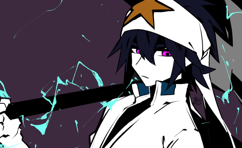 1boy aotu_world bandana black_hair black_shirt captain27877 closed_mouth electricity gloves hair_between_eyes headband highres holding holding_weapon jacket looking_at_viewer male_focus over_shoulder purple_background purple_eyes ray_(aotu_world) shirt simple_background solo spiked_hair star_(symbol) star_print upper_body weapon weapon_over_shoulder white_headband white_jacket