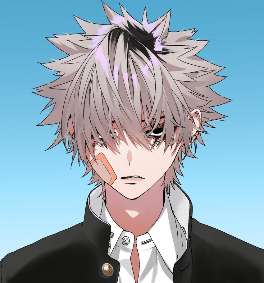 1boy black_eyes black_hair blue_background cross_scar ear_piercing earrings gradient_background grey_hair hair_between_eyes hair_over_eyes highres jewelry kanzaki_kaoru looking_at_viewer male_focus multicolored_hair multiple_piercings neoshoco phantom_busters piercing portrait roots_(hair) scar shirt short_hair simple_background solo spiked_hair teeth