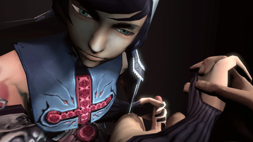 1boy 1girl 3d animated animated_gif artist_name black_background castlevania_(series) castlevania_judgment clothed_female_nude_male cum ejaculation erection esk green_eyes handjob hetero holding holding_hands interlocked_fingers konami looking_at_viewer looping_animation lying nude nun on_back penis pov rubbing shanoa_(castlevania) simple_background solo_focus uncensored