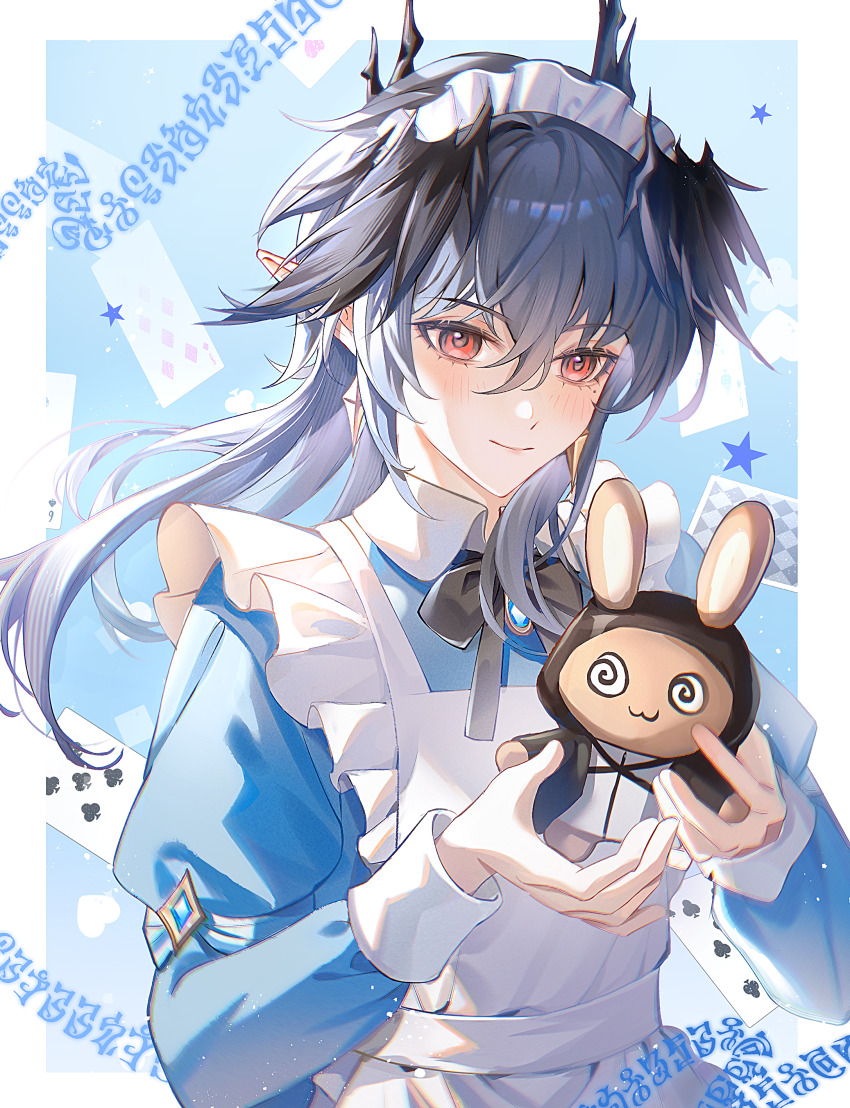 1boy absurdres aikou_echo alternate_costume androgynous apron arknights bishounen black_bow black_bowtie blue_background blue_dress blush border bow bowtie brooch card chinese_commentary club_(shape) collared_dress commentary crossdressing crossdressing_(mtf) diamond_(shape) dress grey_hair hair_between_eyes head_wings heart highres horns jewelry juliet_sleeves light_particles logos_(arknights) long_hair long_sleeves looking_at_viewer maid maid_apron maid_headdress male_focus male_maid mole mole_under_eye poker puffy_sleeves red_eyes runes smile solo spade_(shape) star_(symbol) upper_body white_border wings