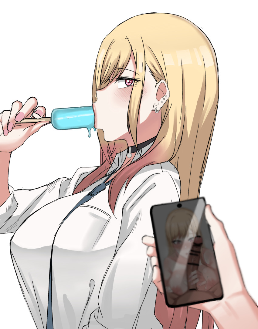 1boy 1girl absurdres bar_censor blonde_hair blue_necktie blush breasts cellphone censored chihel choker ear_piercing earrings eating food handjob highres holding holding_food holding_ice_cream ice_cream jewelry kitagawa_marin large_breasts large_penis long_hair looking_at_penis looking_at_viewer looking_to_the_side multicolored_hair necktie netorare nude penis penis_grab penis_on_cheek penis_on_face phone piercing pink_hair pink_nails pov red_eyes shirt smartphone sono_bisque_doll_wa_koi_wo_suru white_background white_shirt
