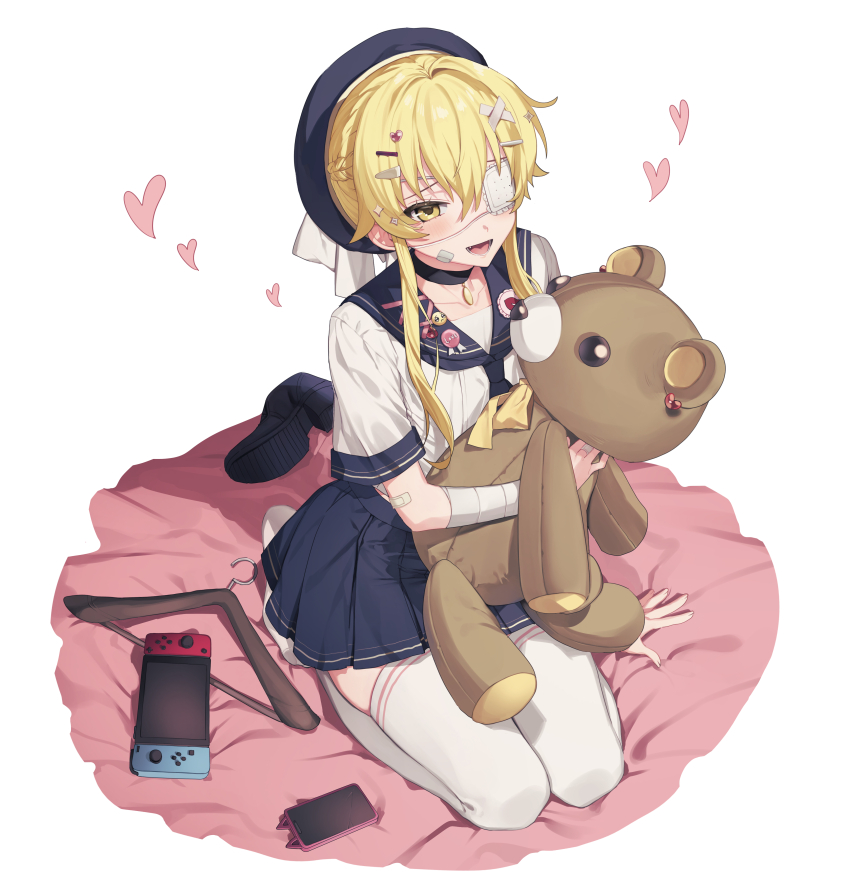 1boy absurdres badge bandaged_arm bandages bandaid bandaid_on_arm bandaid_on_face beret blonde_hair blue_necktie blush bow braid button_badge cellphone choker clothes_hanger coin_(ornament) crossdressing envy_elika_(koyashaka) eyepatch fang hair_between_eyes hair_ornament hairpin hat hat_bow heart highres kneeling koyashaka looking_at_viewer male_focus medical_eyepatch multiple_hairpins necktie nintendo_switch one_eye_covered open_mouth original pale_skin phone phone_with_ears ribbon sailor_collar school_uniform serafuku short_hair_with_long_locks side_braid skirt smartphone smartphone_case smile solo stuffed_animal stuffed_toy teddy_bear thighhighs trap white_background white_bow x_hair_ornament yellow_eyes