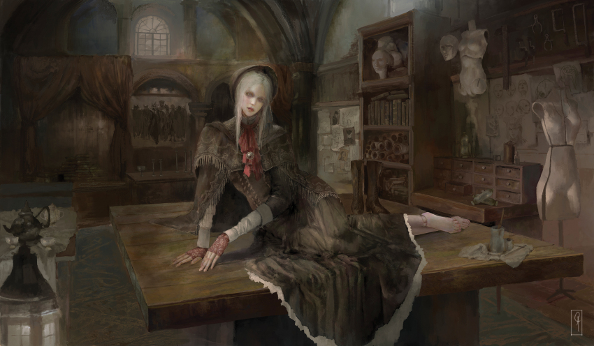 1girl ascot barefoot bloodborne bonnet boots brown_dress christian_angel closed_mouth corset doll doll_joints dress feet fingerless_gloves full_body gloves hand_on_table highres in-universe_location joints long_sidelocks long_sleeves mannequin painterly pale_skin parted_bangs plain_doll red_ascot red_lips shawl sidelocks signature sitting sitting_on_table solo teapot