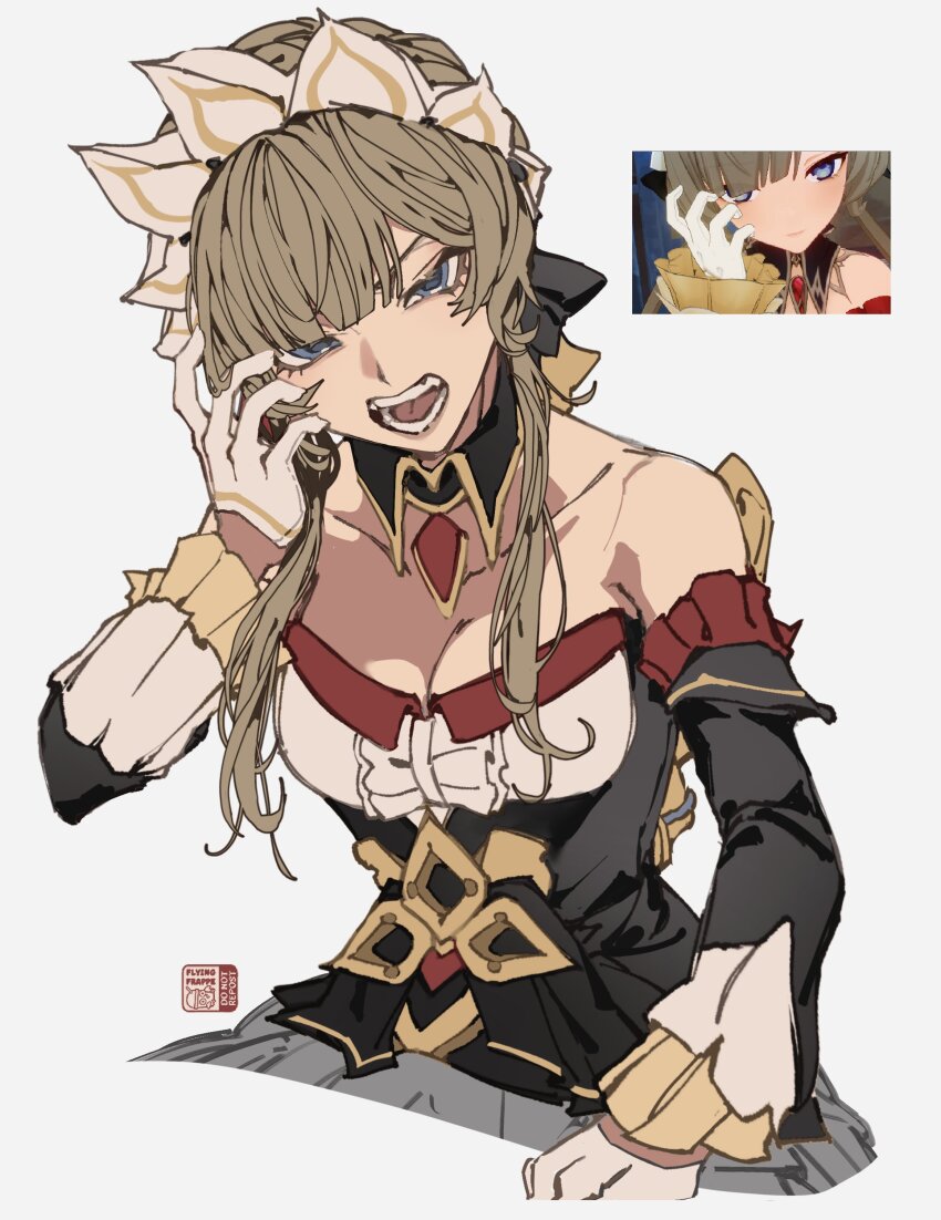 1girl absurdres artist_name bare_shoulders black_bow black_dress black_sleeves blonde_hair blue_eyes bow braid breasts collarbone commentary derivative_work detached_collar detached_sleeves dress english_commentary fangs flying-frappuccino frills genshin_impact gloves hair_between_eyes hair_bow hair_bun hand_up highres long_sleeves looking_at_viewer medium_breasts open_mouth sandrone_(genshin_impact) screenshot_redraw short_hair_with_long_locks simple_background sitting sleeveless sleeveless_dress solo strapless strapless_dress teeth tongue v-shaped_eyebrows white_background white_gloves white_headdress wide_sleeves wing_collar