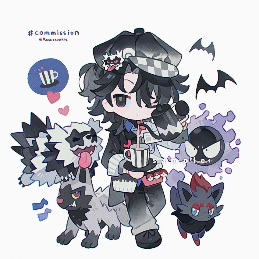 1boy ball_hands black_eyes black_hair black_hat black_pants black_shirt black_shoes closed_mouth commission cup full_body galarian_form galarian_zigzagoon gastly gen_1_pokemon gen_3_pokemon gen_5_pokemon gen_8_pokemon hat highres holding holding_cup holding_teapot kanae_(cookie) long_sleeves looking_at_viewer male_focus nintendo original pants parted_bangs pokemon pokemon_(creature) poochyena pouring shirt shoes short_hair simple_background standing teapot twitter_username white_background zorua