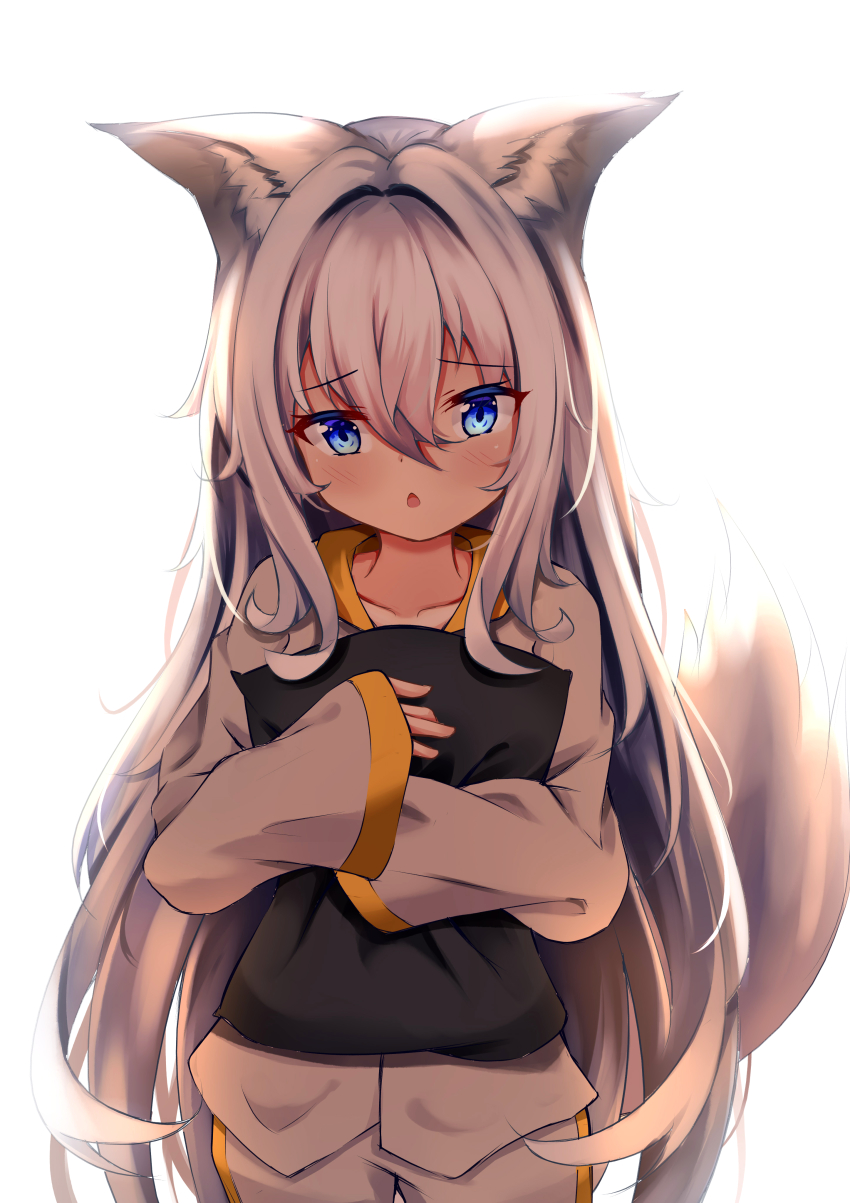 1girl absurdres animal_ears blue_eyes chestnut_mouth grey_hair highres hugging_object juiceneko long_hair original pajamas pillow pillow_hug standing tail very_long_hair