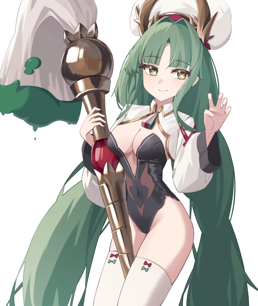 1girl absurdres azur_lane black_leotard breasts cleavage closed_mouth covered_navel cross-shaped_pupils giant_brush green_hair groin hair_intakes hands_up hat horned_hat highres holding holding_brush leotard light_blush long_hair looking_at_viewer low_twintails medium_breasts nova_nekonovaone parted_bangs raffaello_(azur_lane) shrug_(clothing) simple_background smile solo symbol-shaped_pupils thighhighs twintails very_long_hair white_background white_hat white_shrug white_thighhighs x_x yellow_eyes