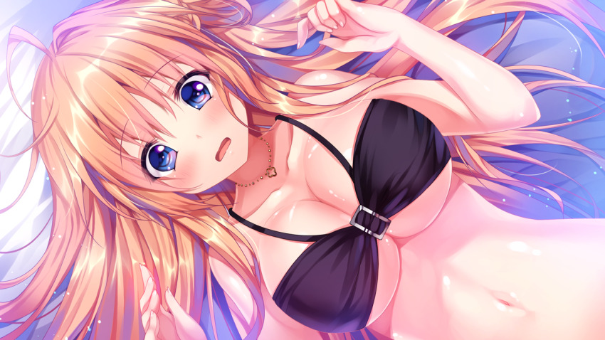 1girl ahoge bikini black_bikini blonde_hair blue_eyes blush breasts buckle cleavage game_cg jewelry kino_(kino_konomi) large_breasts long_hair looking_at_viewer lying navel necklace on_back open_mouth shinonome_setsuna shirogane_x_spirits solo stomach swimsuit