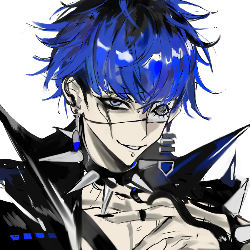 1boy binxngchng1 black_hair blue_hair chinese_commentary collar earrings eye_print eyepatch face_piercing grey_eyes hand_up highres jewelry labret_piercing male_focus multicolored_hair omokage_yugamu piercing print_eyepatch short_hair simple_background smile solo spiked_collar spikes the_hundred_line_-last_defense_academy- white_background