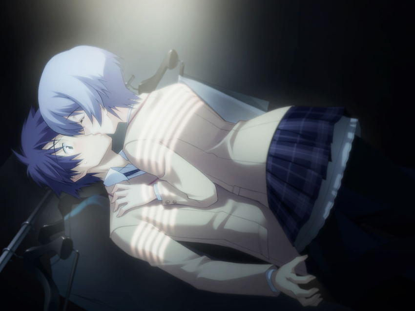 00s 1boy 1girl 5pb. blue_hair chaos;head closed_eyes dutch_angle game_cg hetero kishimoto_ayase kiss matsuo_yukihiro nishijou_takumi pantyhose plaid_clothes plaid_skirt school_uniform short_hair skirt standing