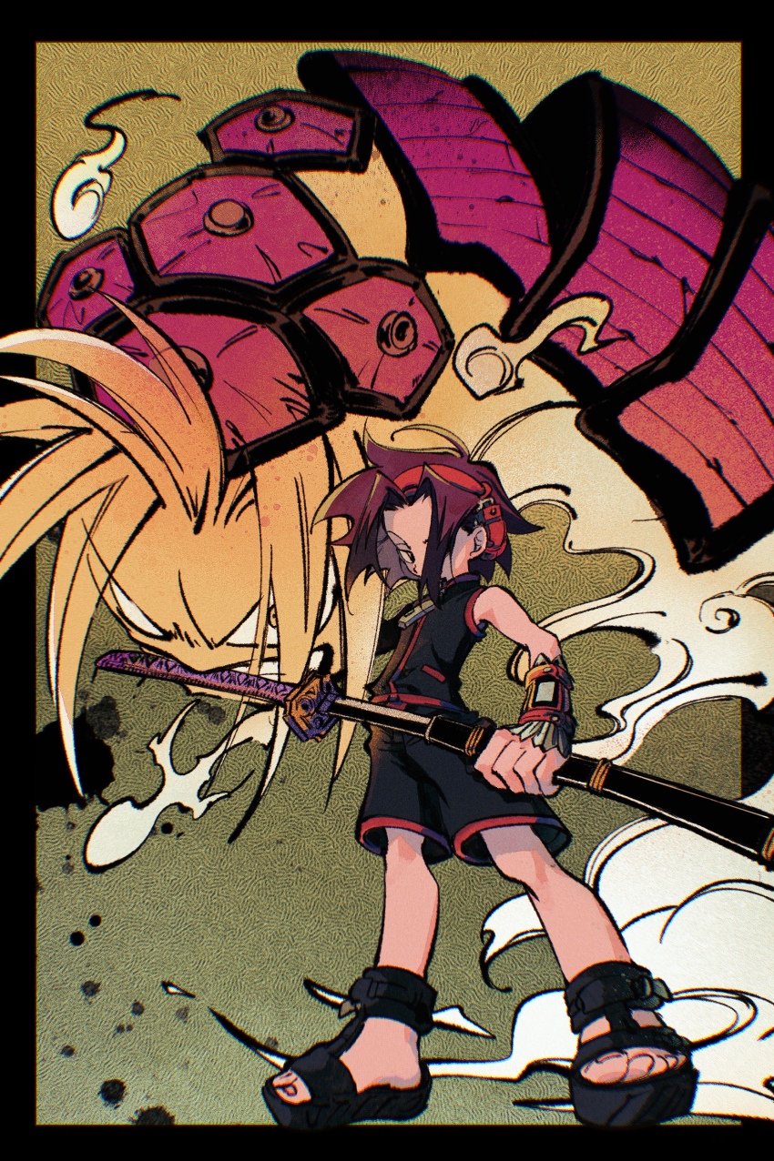 1boy absurdres amidamaru asakura_yoh black_border black_jacket black_shorts border brown_hair full_body hair_over_one_eye highres hitodama holding holding_sheath jacket katana male_focus monster mouth_hold ok_ko19 sandals shaman_king sheath shorts sleeveless sleeveless_jacket sword toenails weapon zipper_pull_tab