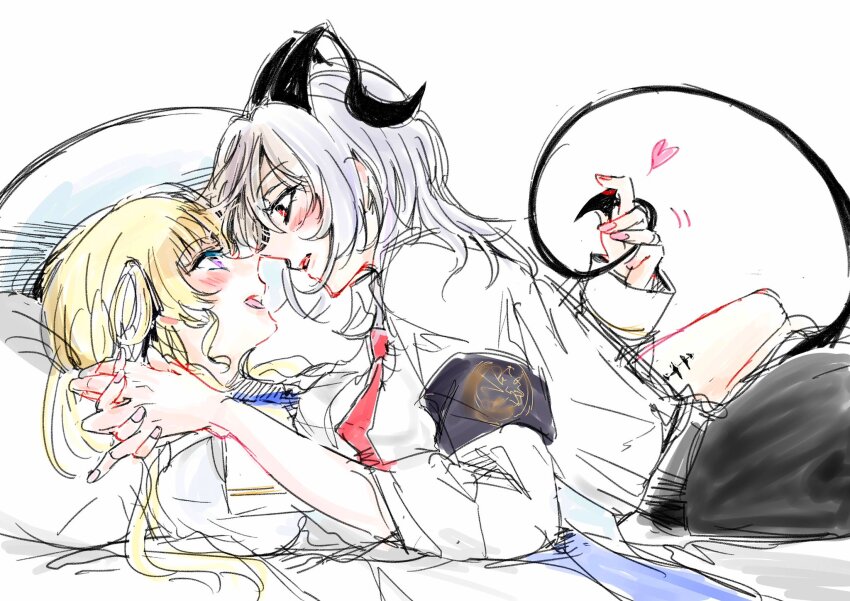 2girls blonde_hair commentary_request demon_horns demon_tail eye_contact grey_hair heart highres holding_another&#039;s_tail holding_hands horns interlocked_fingers long_hair long_sleeves looking_at_another multiple_girls necktie open_mouth phoebe_(wuthering_waves) pink_nails purple_eyes red_eyes red_necktie shirt simple_background smile tail white_background white_shirt wuthering_waves yuri yurikure4 zani_(wuthering_waves)