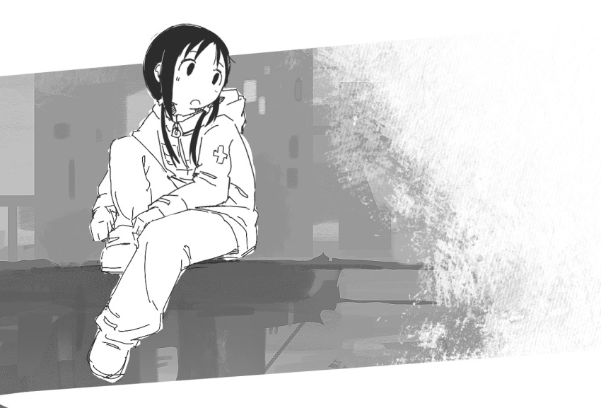 1girl chito_(shoujo_shuumatsu_ryokou) greyscale hood hood_down hooded_jacket jacket knee_up long_hair long_sleeves looking_to_the_side low_twintails monochrome open_mouth pants shoujo_shuumatsu_ryokou sitting solo twintails xfishsouls