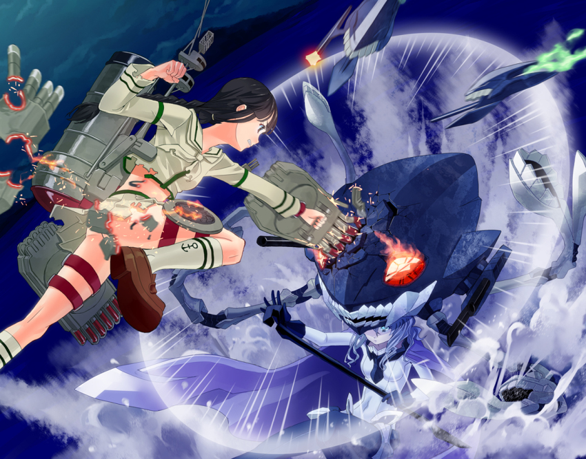 10s 2girls abyssal_ship aqua_eyes bad_id bad_pixiv_id battle black_hair blunt_bangs braid brown_eyes cape enemy_aircraft_(kancolle) fujimo_ruru gloves glowing glowing_eyes kantai_collection kitakami_(kancolle) long_hair mecha_musume multiple_girls pale_skin personification school_uniform serafuku shoes silver_hair skirt socks staff thigh_strap torn_clothes torpedo water wo-class_aircraft_carrier