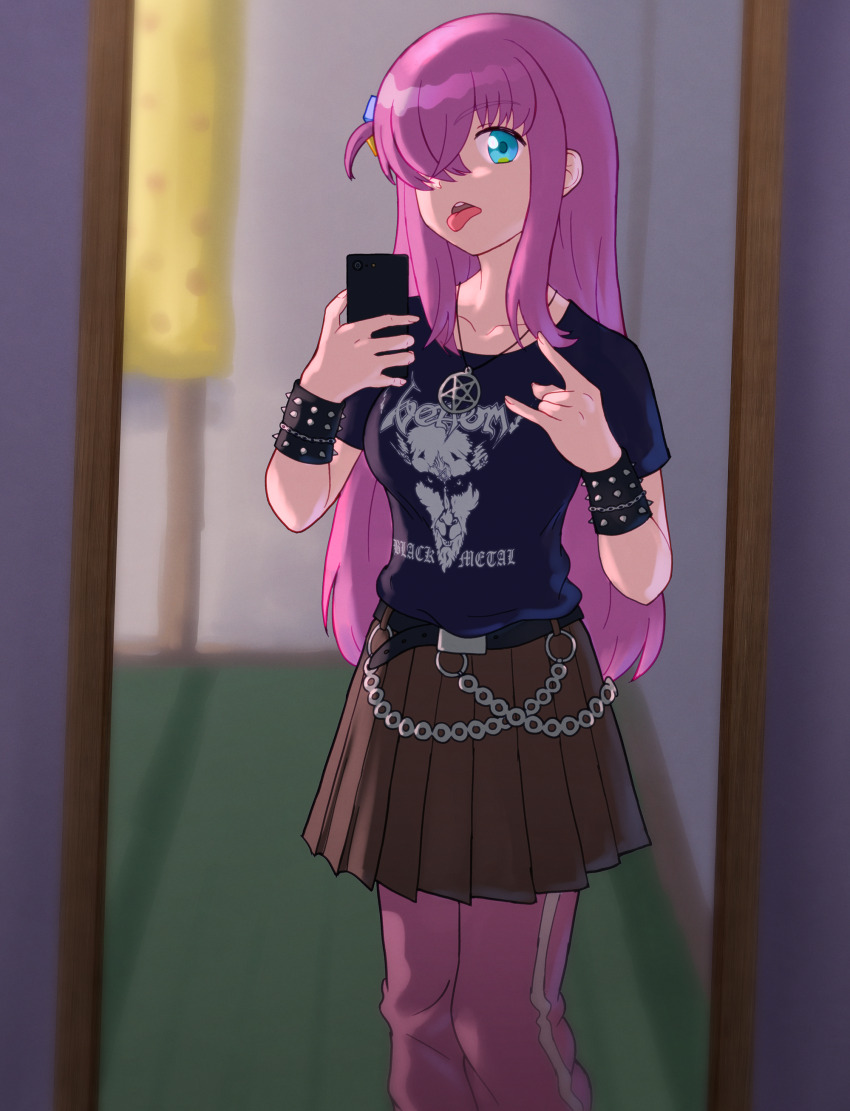 1girl \m/ absurdres belt black_belt blue_eyes blue_pupils bocchi_the_rock! bracelet breasts brown_skirt cellphone chain collarbone commentary cube_hair_ornament fingernails full-length_mirror gotoh_hitori green_eyes hair_ornament hair_over_one_eye hands_up highres holding holding_phone indoors jewelry legs_together long_hair looking_at_viewer medium_breasts mirror multicolored_eyes necklace one_side_up open_mouth pants pants_under_skirt pentagram pentagram_necklace phone pink_hair pink_pants pleated_skirt purple_shirt shirt shirt_tucked_in short_sleeves single_vertical_stripe skirt smartphone solo spiked_bracelet spikes standing symbol-only_commentary t-shirt teeth tongue tongue_out track_pants upper_teeth_only venom_(band) zawabug