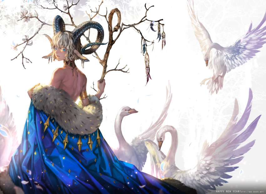 amulet androgynous animal_ears armlet bird blue_cape blue_eyes cape chinese_zodiac detached_collar dreamcatcher from_behind gender_request goat_ears goat_horns happy_new_year holding holding_staff horns jewelry looking_at_viewer looking_back new_year off_shoulder oollnoxlloo original parted_lips short_hair silver_hair solo staff swan topless_female watermark web_address year_of_the_goat year_of_the_ram