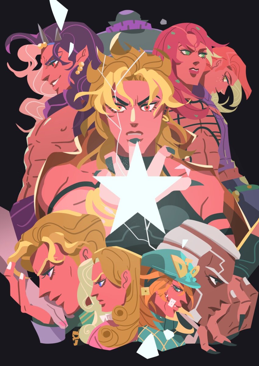 1girl 1other 6+boys abs aqua_bow aqua_eyes aqua_helmet aqua_sweater argyle_clothes argyle_sweater battle_tendency birthmark black_background black_eyes black_nails black_shirt blonde_hair blue_eyes bow bowler_hat closed_mouth commentary curly_hair dark-skinned_male dark_skin diamond_wa_kudakenai diavolo diego_brando dio_brando disembodied_hand ear_birthmark earrings english_commentary enrico_pucci fingernails funny_valentine green_eyes green_nails grin hat highres holding_hands horns jacket jewelry joestar_birthmark jojo_no_kimyou_na_bouken jojolion kars_(jojo) kira_yoshikage long_hair looking_at_viewer lowj730 makeup male_focus multiple_boys muscular muscular_male orange_eyes pink_hair pink_lips pointy_ears purple_hair purple_jacket purple_scarf purple_sweater red_eyes scarf sharp_fingernails shirt sleeveless sleeveless_shirt smile stand_(jojo) star_(symbol) stardust_crusaders steel_ball_run stone_ocean sweater topless_male turtleneck turtleneck_sweater vento_aureo vinegar_doppio white_hair white_nails wonder_of_u yellow_eyes