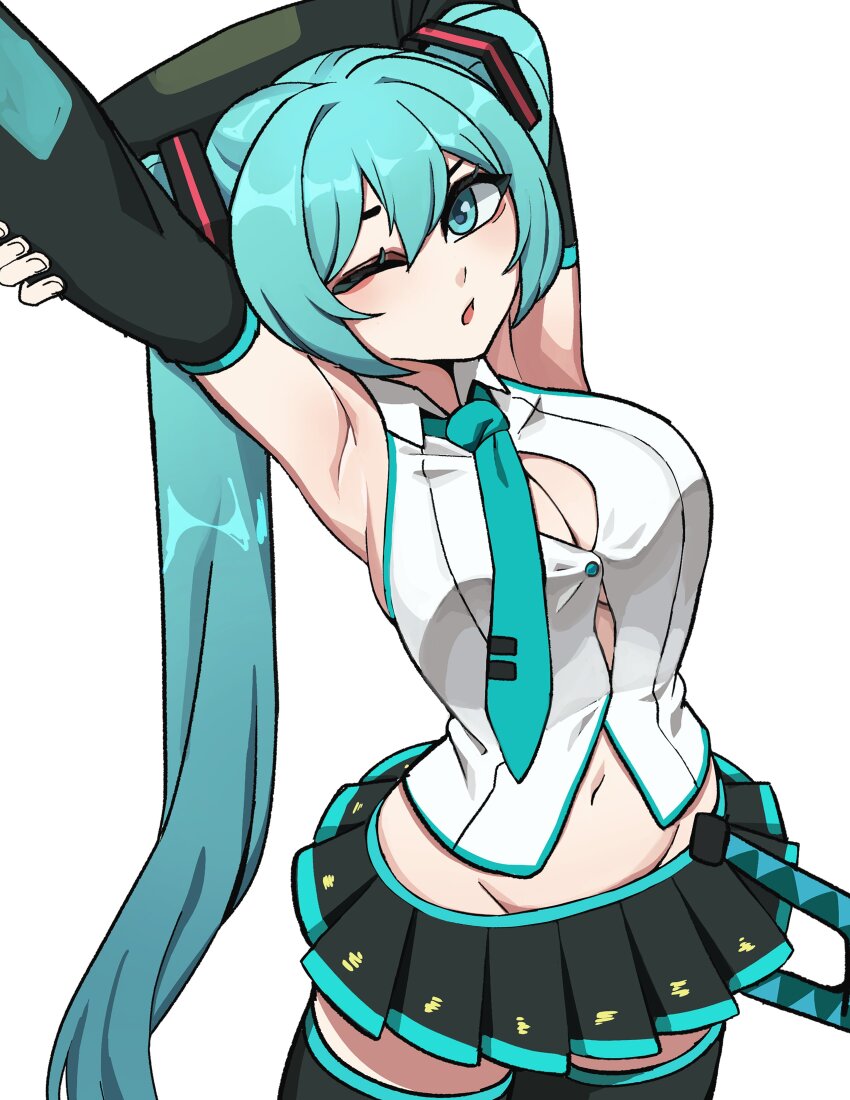 1girl ;o absurdres aqua_eyes aqua_hair aqua_necktie aqua_trim armpits arms_up black_skirt black_sleeves black_thighhighs breasts button_gap cleavage commentary cowboy_shot detached_sleeves english_commentary groin hatsune_miku highres holding_own_arm hyyun_ho large_breasts long_hair looking_at_viewer midriff navel necktie one_eye_closed open_mouth pleated_skirt shirt simple_background skirt sleeveless sleeveless_shirt solo standing stretching suspenders_hanging thighhighs tie_clip twintails very_long_hair vocaloid white_background white_shirt