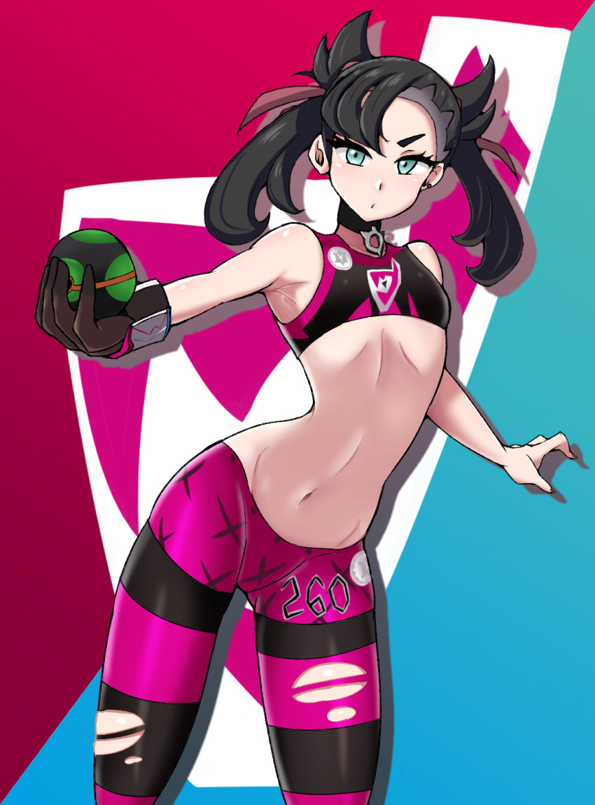 1girl :o aqua_background aqua_eyes armpits asymmetrical_gloves bad_anatomy bare_arms bare_shoulders black_choker black_hair bracelet choker closed_mouth cowboy_shot crop_top dot_mouth dusk_ball dynamax_band earrings emblem_background feet_out_of_frame female_focus gloves groin ha88hama highres jewelry looking_at_viewer lowleg lowleg_pants marnie_(pokemon) midriff multicolored_background navel nintendo one_glove pants pink_background poke_ball pokemon pokemon_swsh serious single_glove sleeveless solo sports_bra sportswear taut_clothes twintails two-tone_pants two-tone_shirt v-shaped_eyebrows