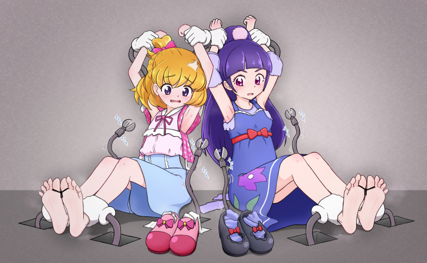 2girls ^^^ absurdres armpits arms_up asahina_mirai bare_legs barefoot black_footwear blonde_hair blue_dress blue_shorts blunt_bangs blush bound bound_toes bound_wrists bow braid breasts clenched_hands commentary dot_nose dress dress_over_shirt empty_room feet floral_print floral_print_dress folded_braid footwear_bow frilled_shirt frills full_body grabber_tool hair_bow hair_ornament high_ponytail highres indoors izayoi_liko long_hair long_sleeves looking_down mahou_girls_precure! mary_janes medium_hair multiple_girls neck_ribbon one_side_up parted_lips pinafore_dress pink_bow pink_eyes pink_ribbon pink_shirt pink_shoes plaid_clothes plaid_sleeves pom_pom_(clothes) pom_pom_hair_ornament ponytail precure puffy_short_sleeves puffy_sleeves purple_eyes purple_hair purple_shirt purple_socks ribbon shears shirt shirt_tucked_in shoes short_sleeves shorts side-by-side sitting sleeveless sleeveless_dress small_breasts socks soles three-quarter_sleeves tk_(t-k) toes torn_clothes torn_sleeves unworn_shoes unworn_socks waist_bow white_socks
